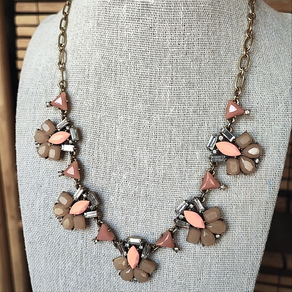 J. Crew Jewelry - J Crew Signed Oxidized Brass Clear Baguette Peach Nude Jewels Statement Necklace